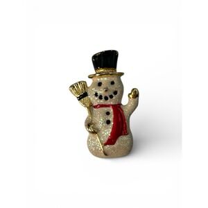 Vintage Gold Tone Enamel Sparkly Snowman‎ Winter Holiday Brooch Pin